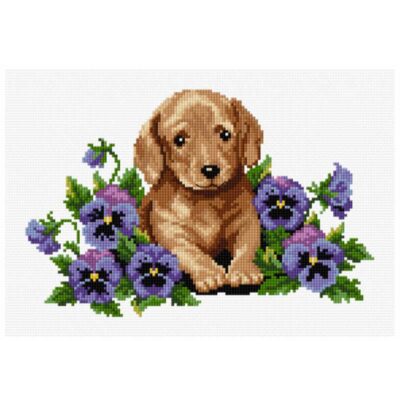 DMC PUPPY WITH FLOWERS CS 25X18CM
